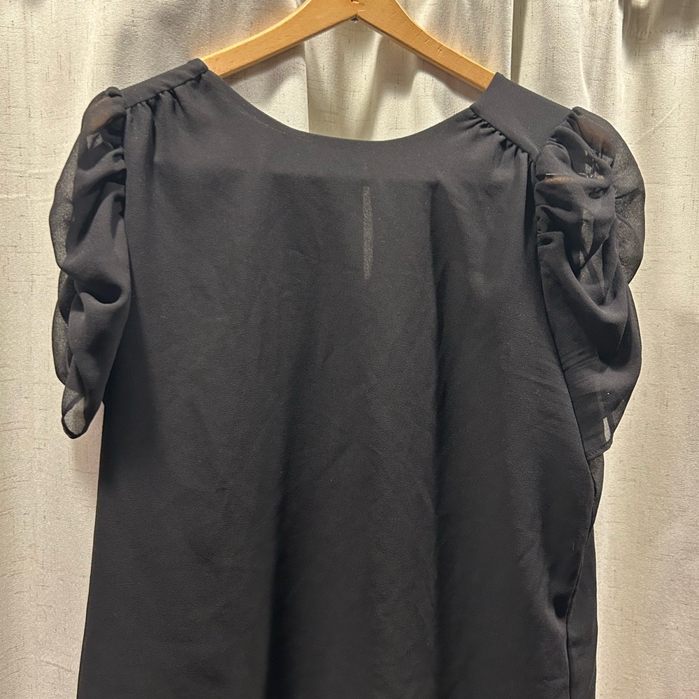Pleione Black Puff Sleeve Ruffled Sheer Blouse